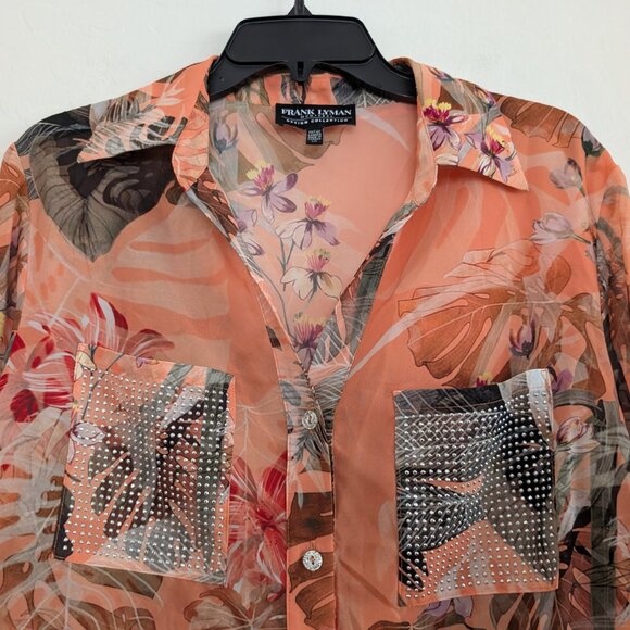 FRANK LYMAN Blouse L Multicolor Floral Sheer Embellished Roll Tab Sleeve Tie - Picture 4 of 14